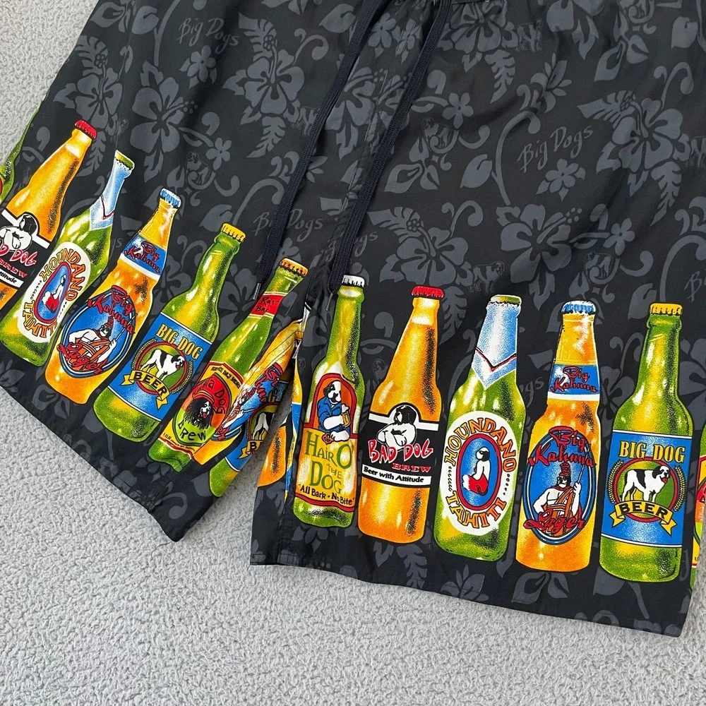 Big Dogs Beer Bottle Swim Trunks Men XL Black Novelty Beach Surf Lined